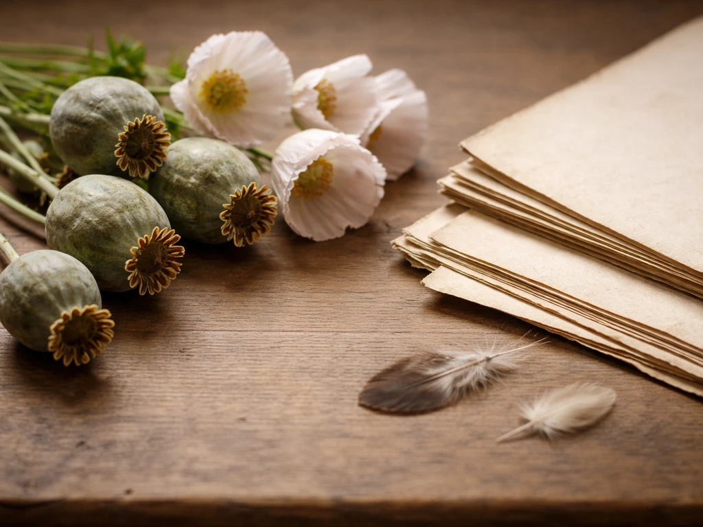 Opium poppy pods and a few antique book pages on a wooden table, symbolizing cultural ties and birds context