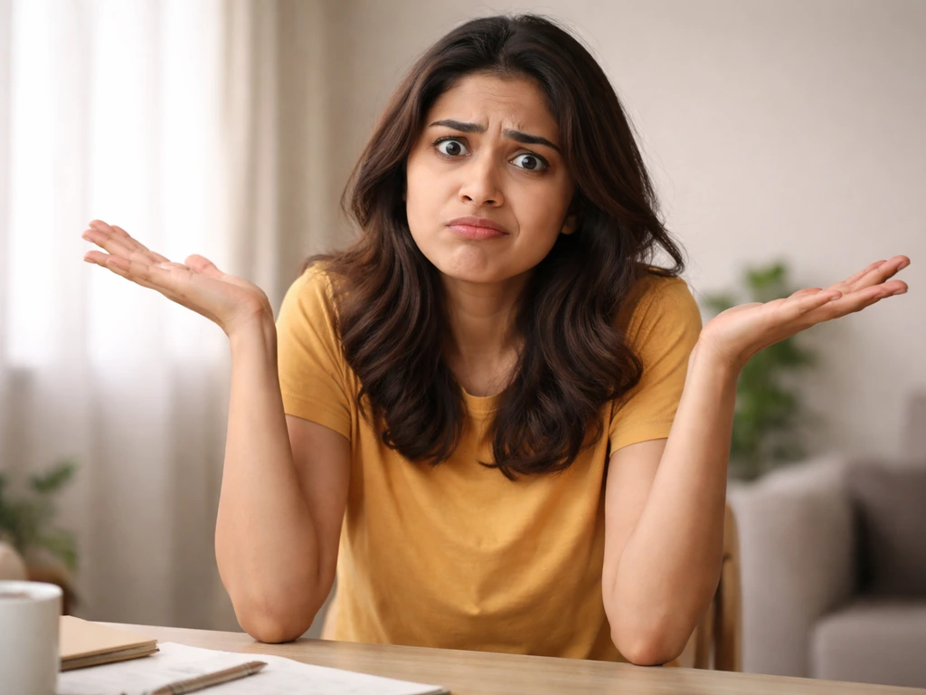 Confused person at home, conveying a foolish or scatterbrained “bird brain” vibe without any text.