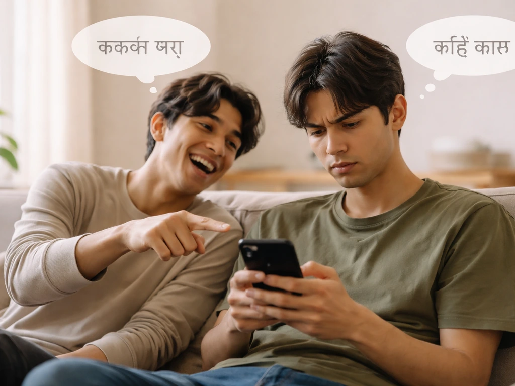 Two anonymous people arguing lightly in a living room with blurred speech bubbles indicating playful insults.