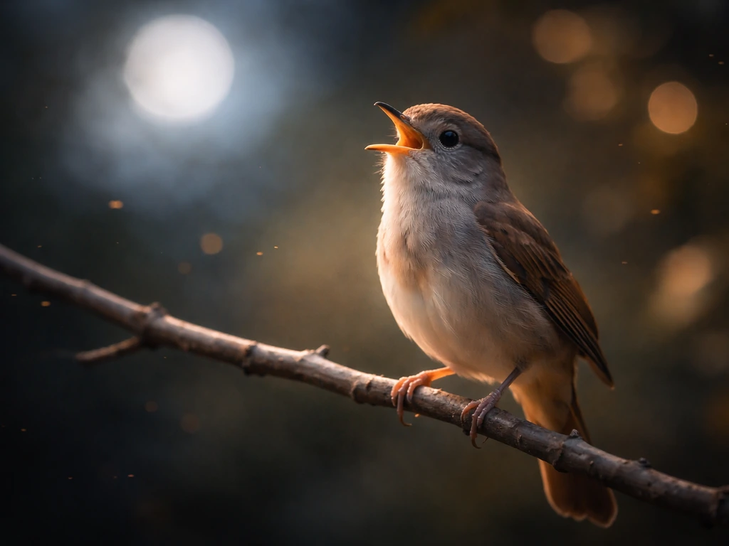A nightingale perched on a branch, softly lit against a dreamy night background.