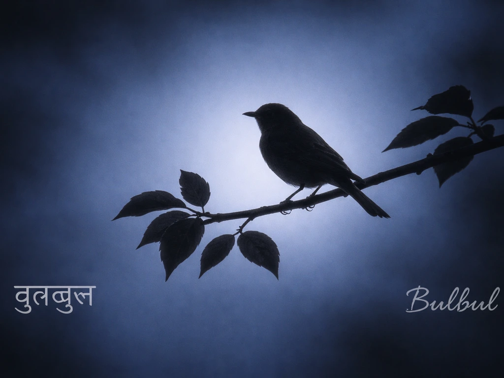 Bulbul night songbird silhouette above a simple botanical branch, with soft bilingual-style callout feel