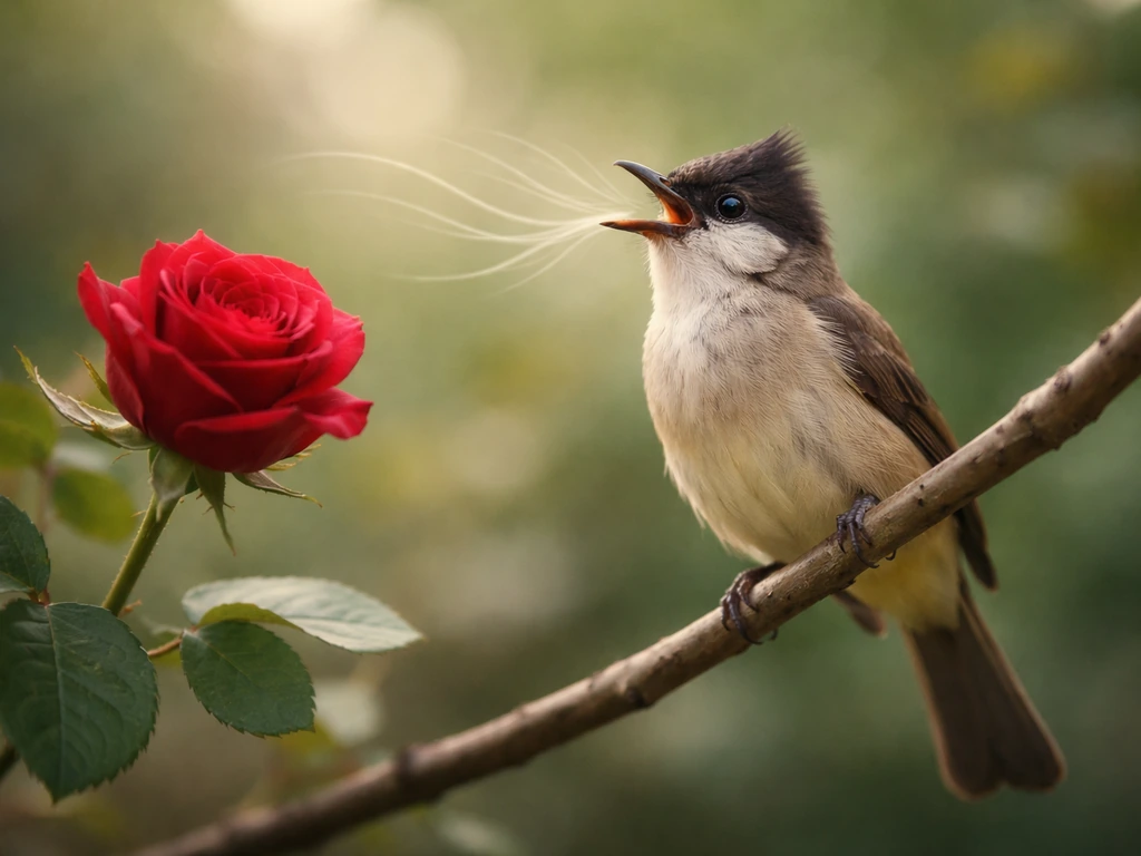 Bulbul perched by a rose with faint light sound-wave shapes suggesting its beautiful singing