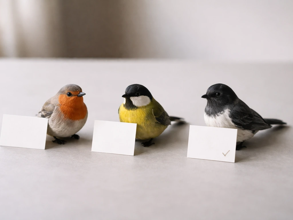 Minimal comparison scene showing two small bird figurines and one marked as correct translation mapping.