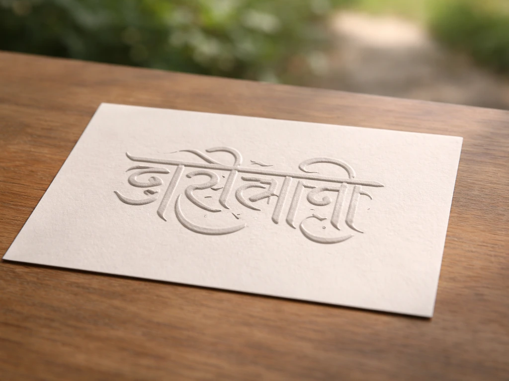 Off-white card on a wooden table with embossed Devanagari letterforms, blurred greenery background.