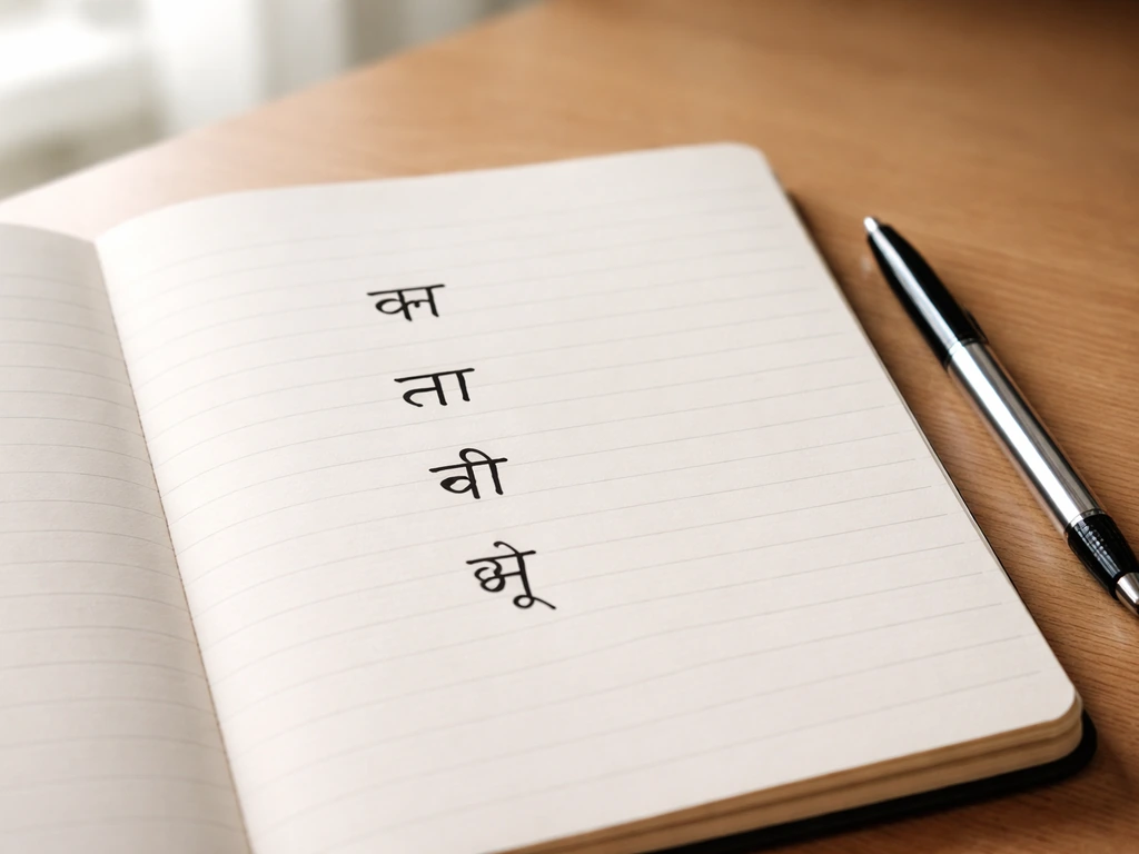 Minimal photo of a notebook page with handwritten Devanagari syllables and a pen