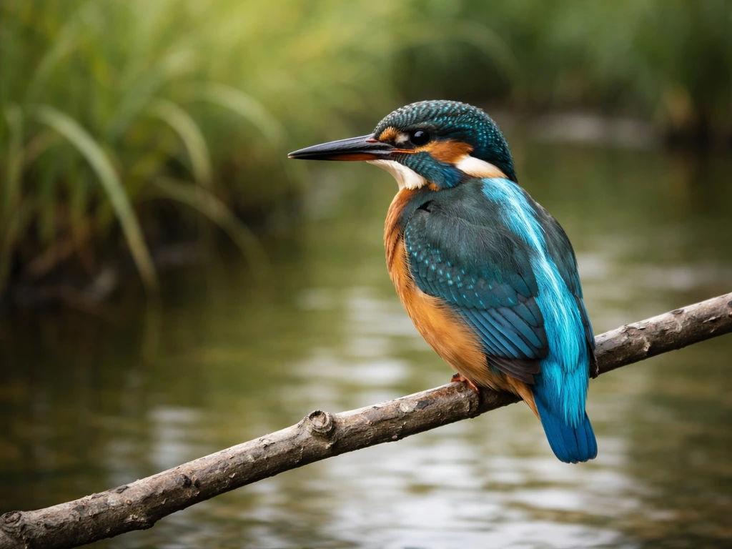 Turquoise-blue kingfisher perched near water, blurred reeds in the background for clear identification