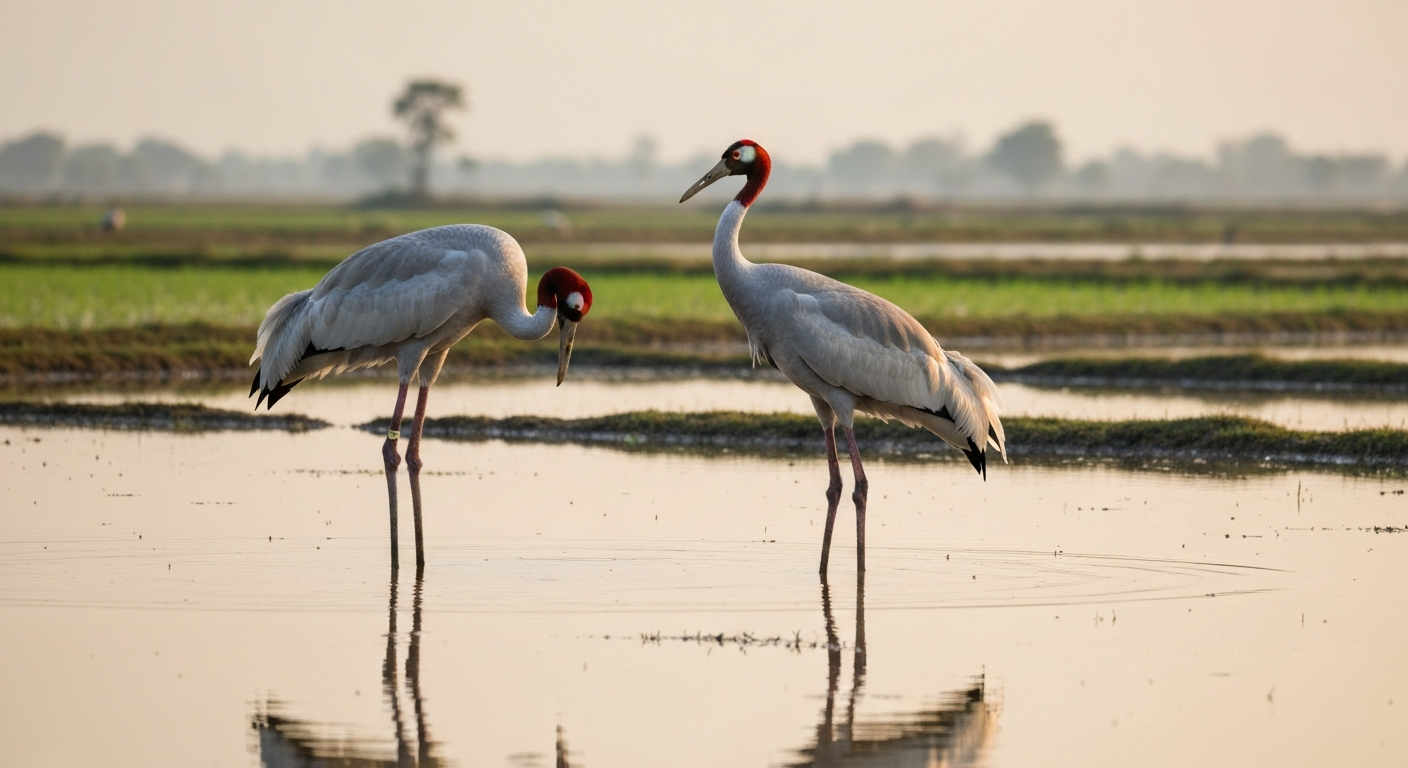 Pair of Sarus Cranes (સારસ) standing together in a Gujarat wetland at golden hour, illustrating their pair-bonding.