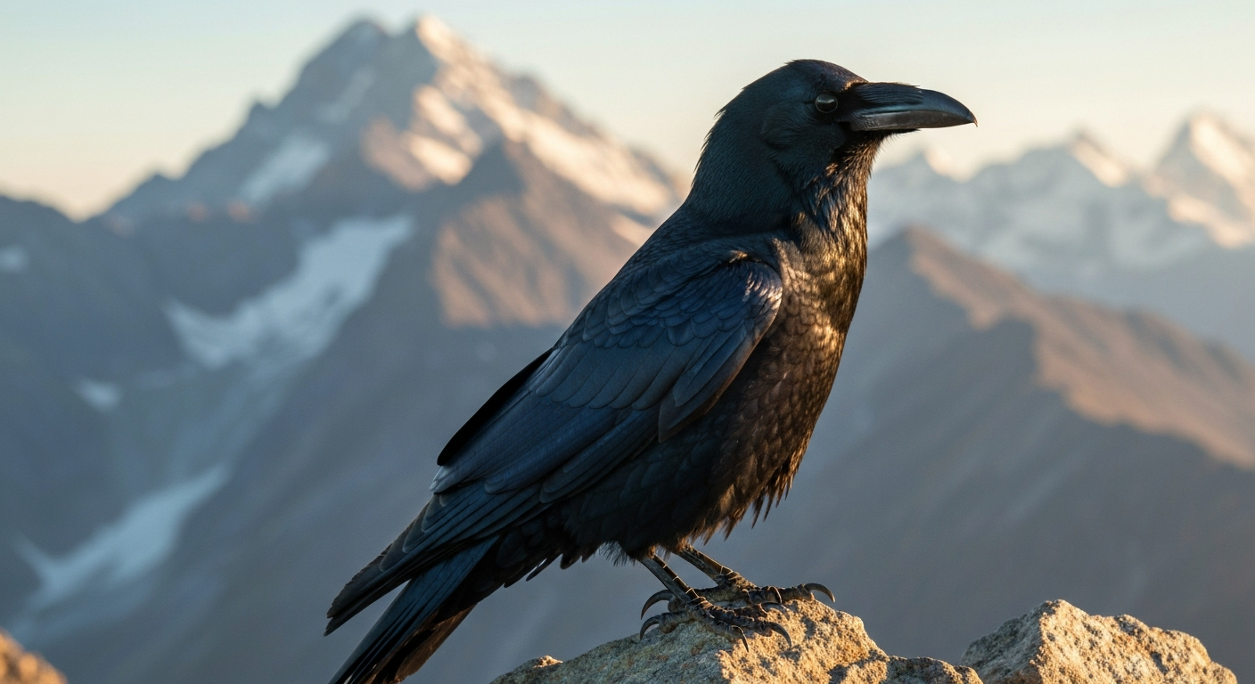 Common Raven (Corvus corax) perched on a rocky Himalayan ridge at golden hour, showing glossy black plumage and a heavy curved bill with Himalayan peaks in the background.