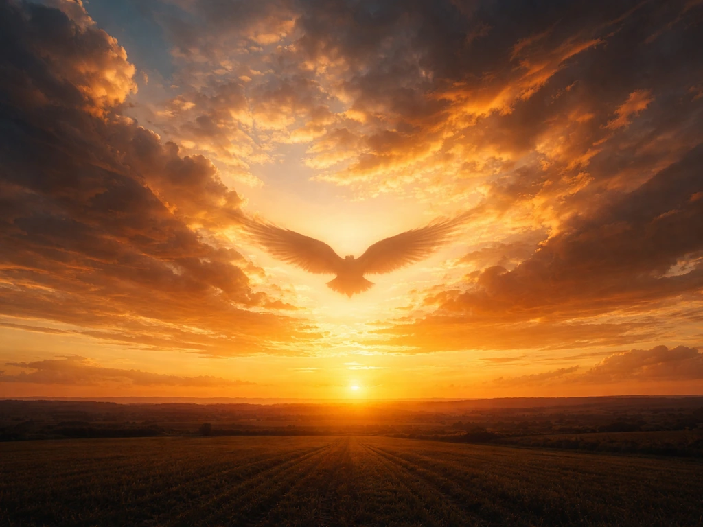 Golden sky with a small bird silhouette soaring, suggesting freedom and a wish to fly.