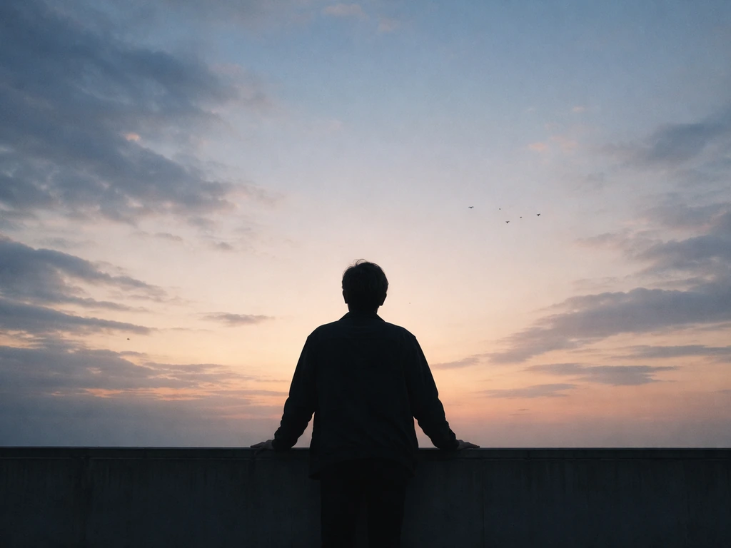 Person in silhouette gazing at open sky with distant birds, conveying longing for freedom.
