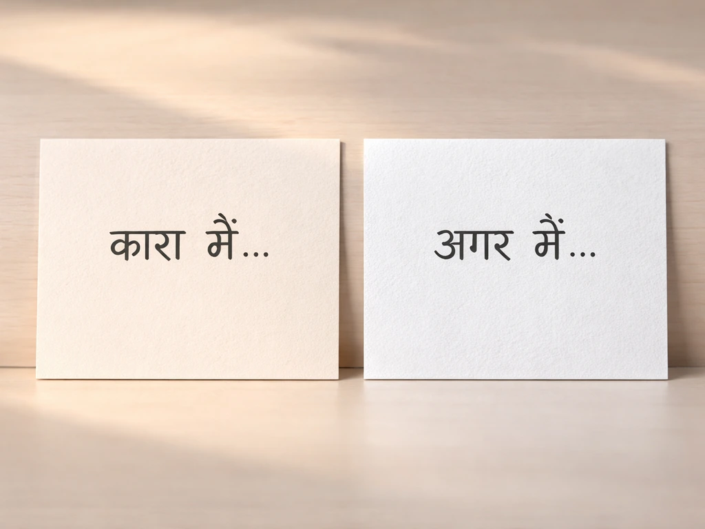 Two side-by-side off-white cards showing handwritten Devanagari phrases for “काश मैं…” and “अगर मैं…”