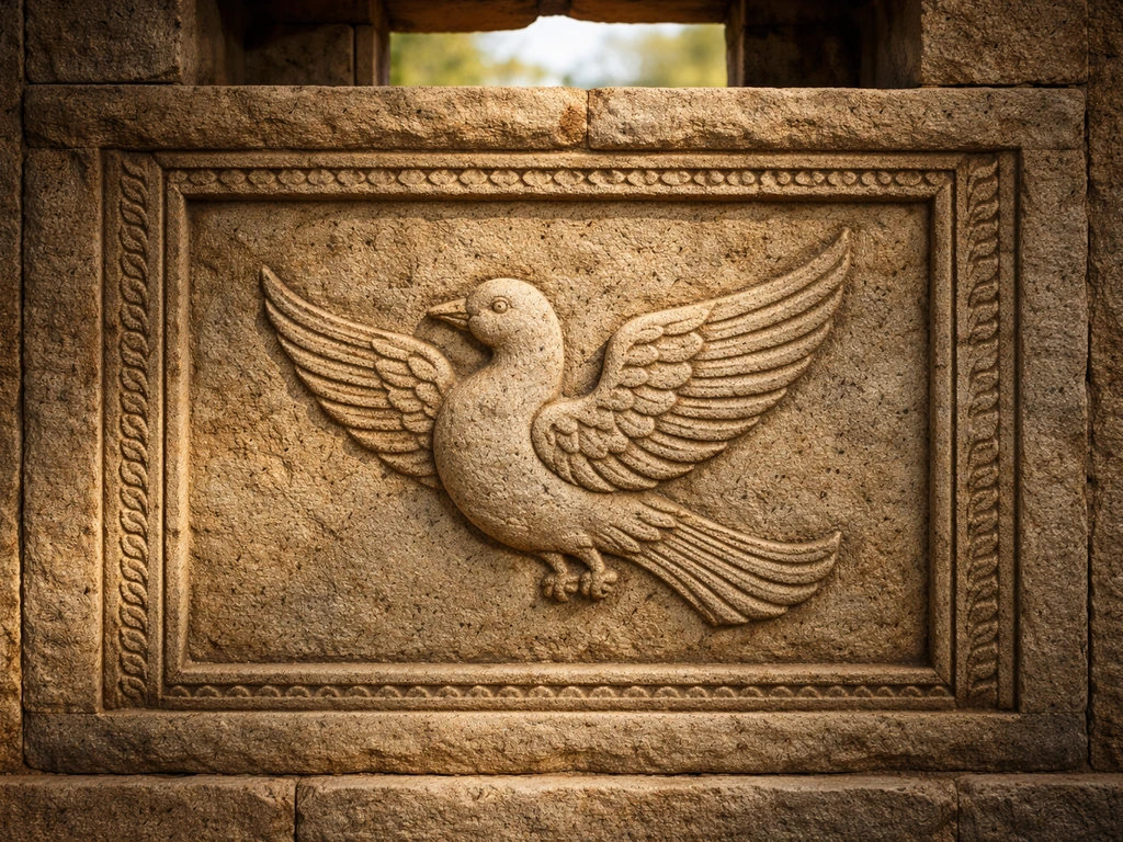 Close view of a carved bird motif on an Indian temple-style wall with open sky beyond, symbolizing freedom.