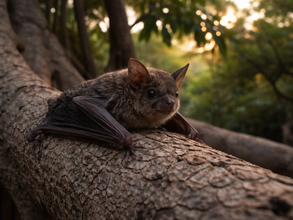A small insectivorous bat near a banyan tree, representing the Marathi word वटवाघूळ.