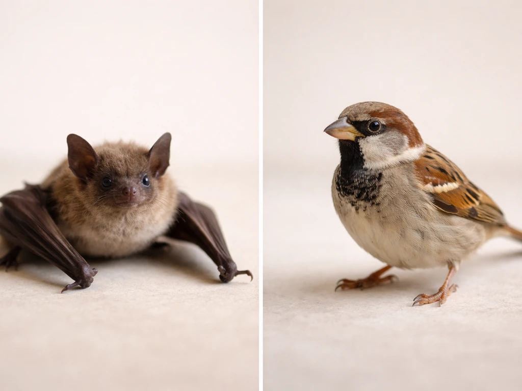 Side-by-side bat and sparrow showing fur and wing membrane vs feathers and bird wing structure.
