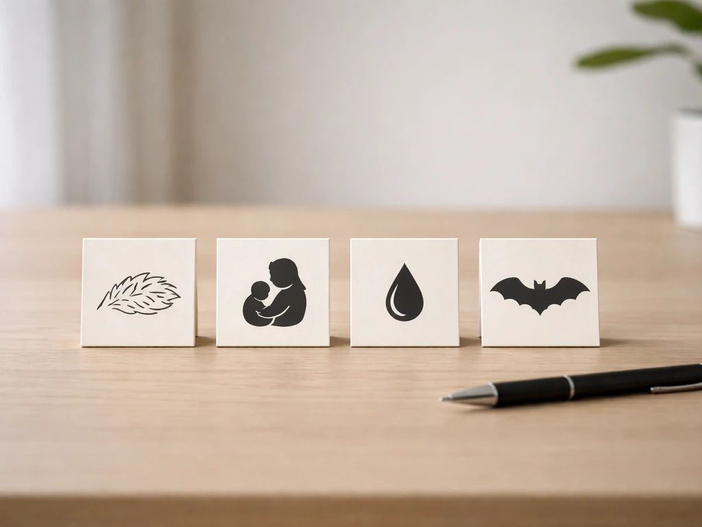 Minimal desk scene with mammal-trait icon cards leading to a bat silhouette icon card in sequence.