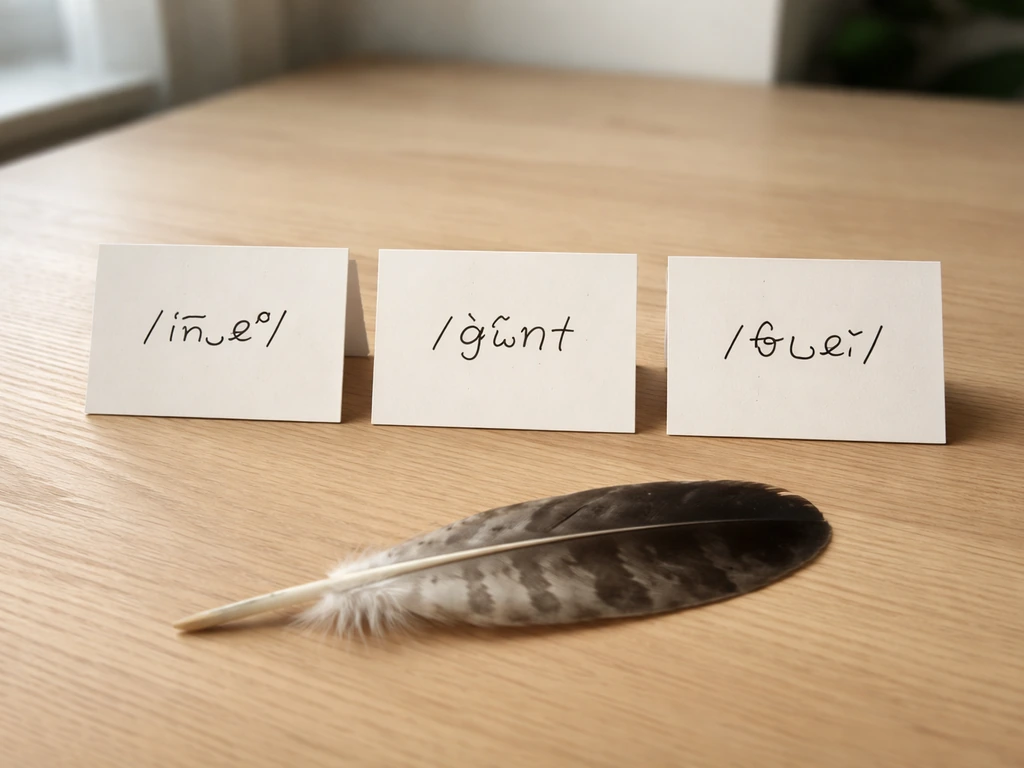 Blank cards on a wooden desk with handwritten-like markings and a raptor feather in natural light.