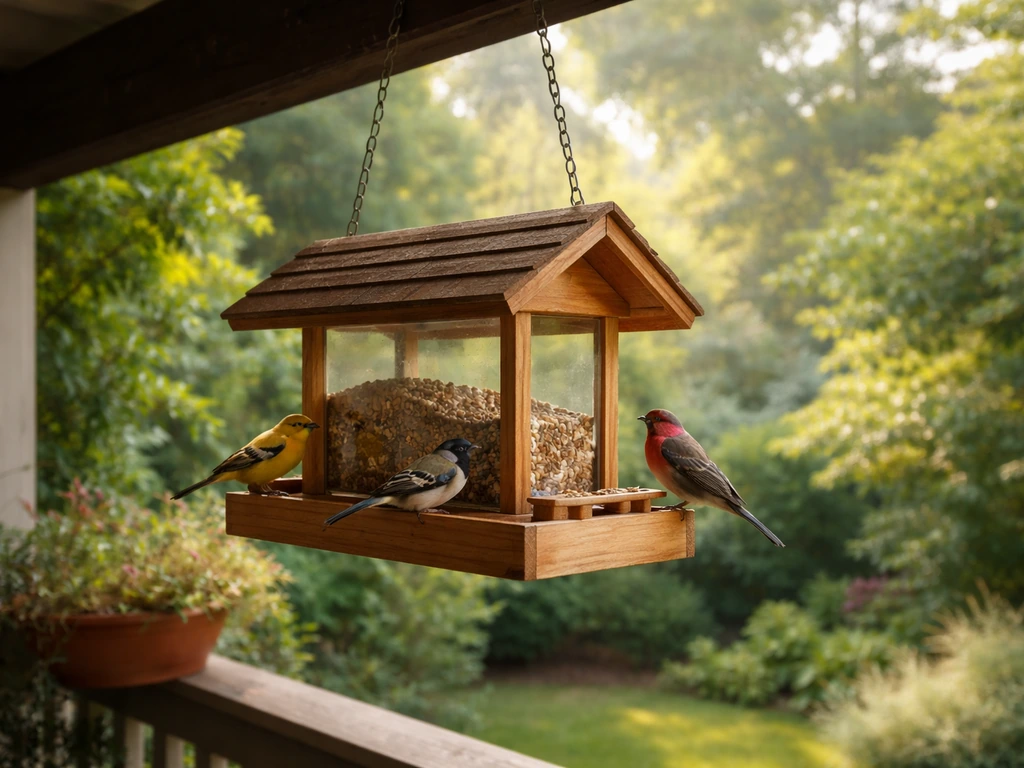 घर के आंगन/बगीचे में लगे bird feeder पर छोटे पक्षी