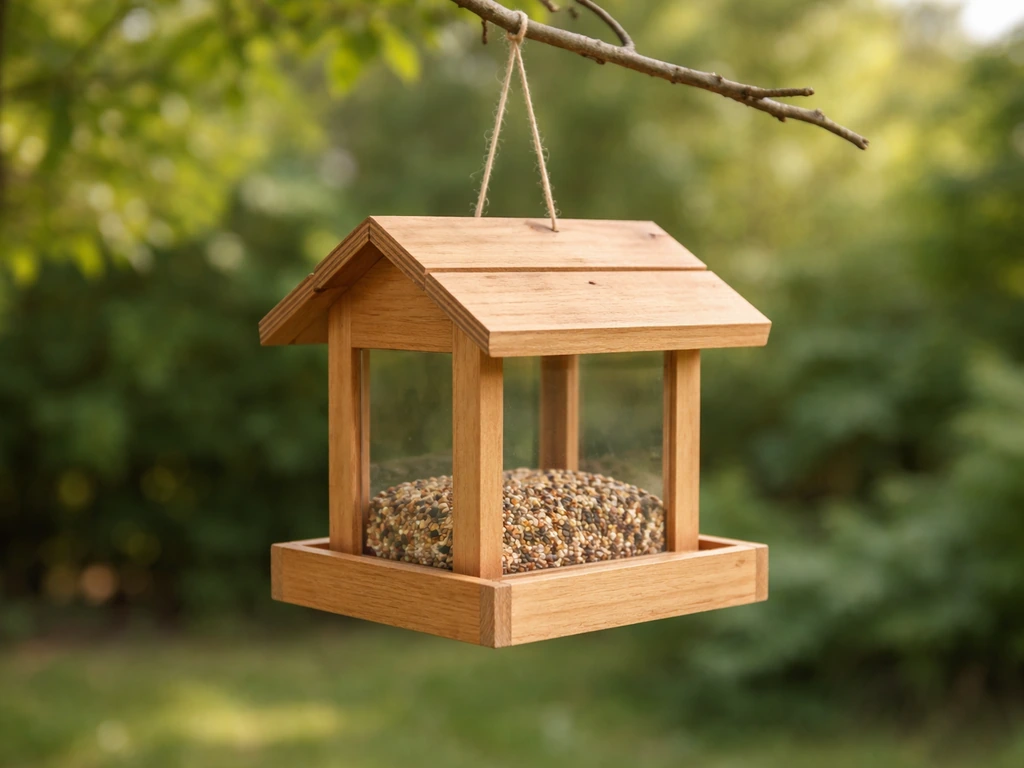 Close-up of a wooden bird feeder hanging from a branch with seeds inside, outdoors in soft natural light.