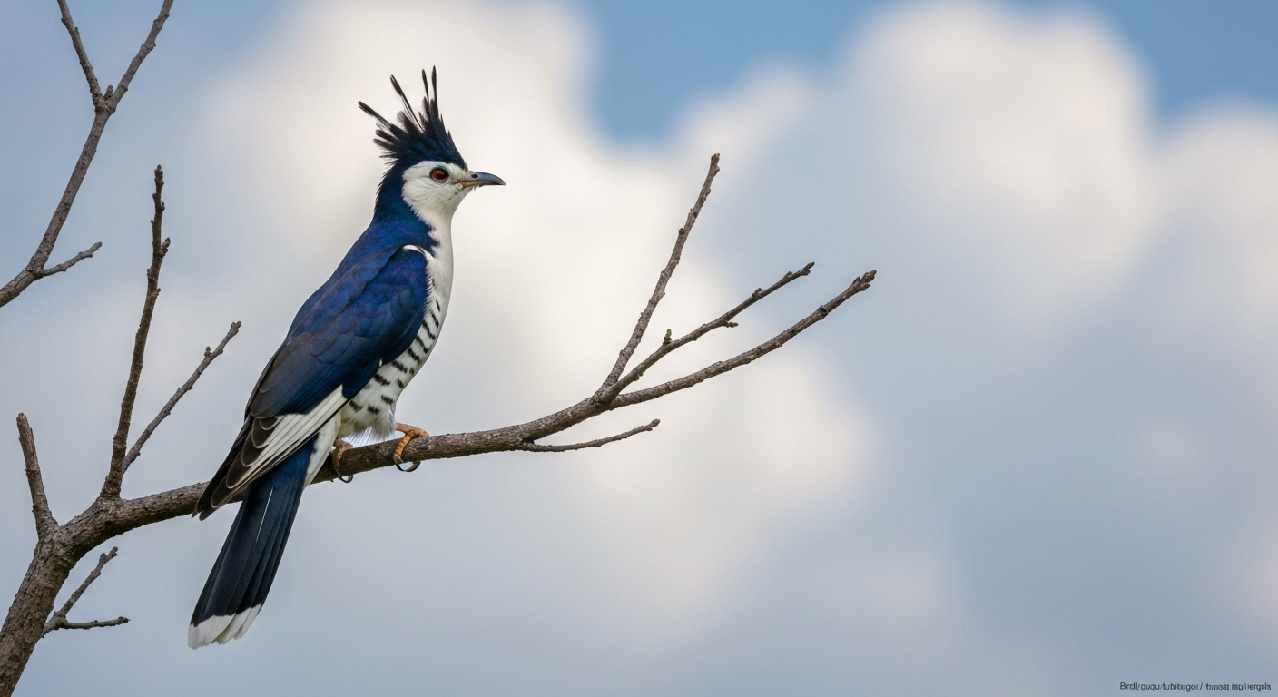 Photorealistic illustration of a Pied Cuckoo (Clamator jacobinus) perched with raised black crest and white underparts, against a soft monsoon sky.