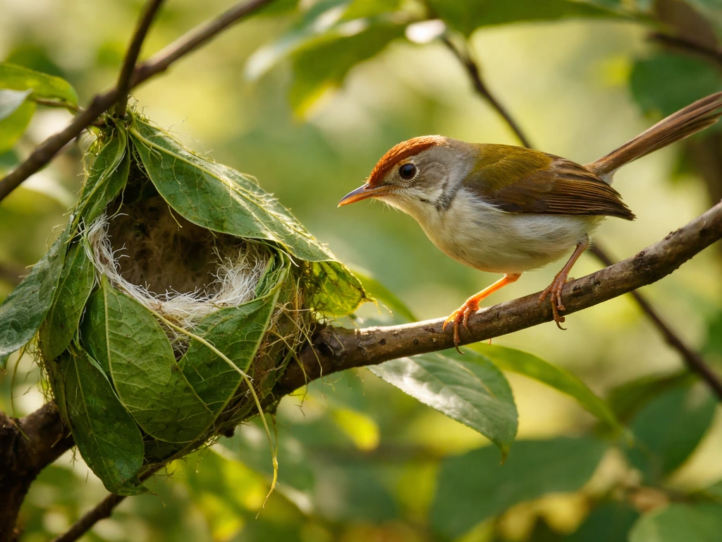 Common tailorbird perched near a leaf nest, stitching materials in a natural outdoor habitat