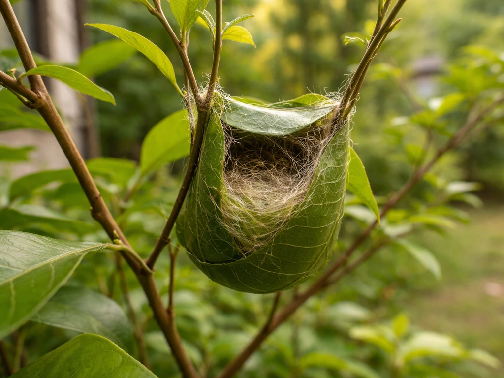 Tailorbird nest woven from leaves in a garden shrub near a home, shown clearly with natural light.