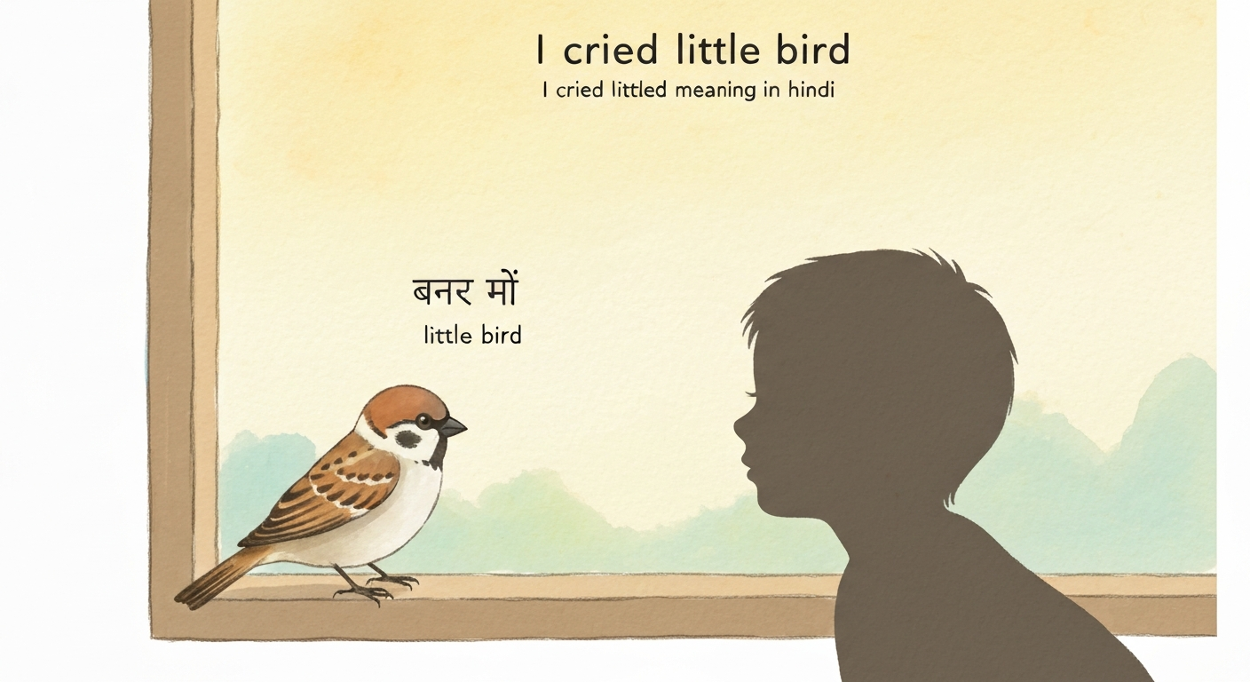 Watercolor illustration of a small sparrow on a windowsill and a speaker silhouette calling; small labels 'नन्ही चिड़िया' and 'little bird' in the scene.