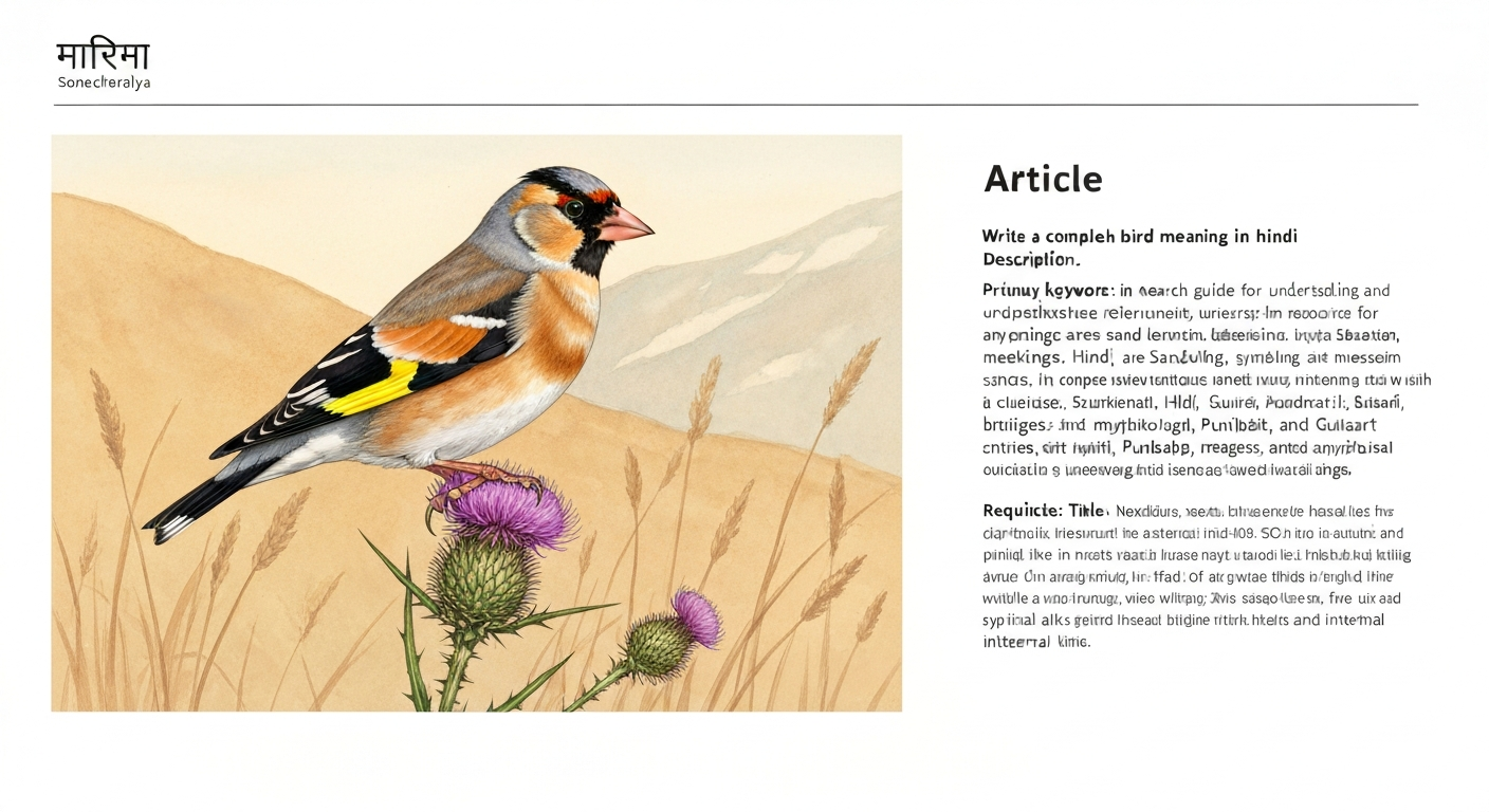 Illustration of a Grey-crowned Goldfinch (Carduelis caniceps) perched on a thistle, labeled सोनचिरैया (Sonacharaiya).