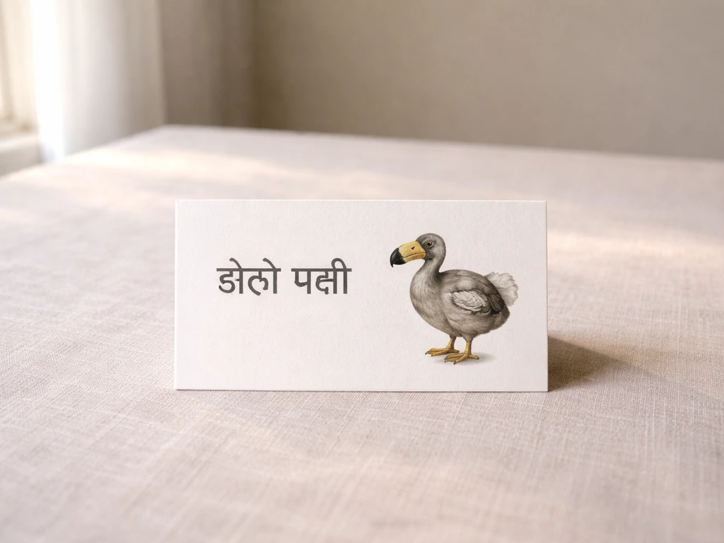 Hindi word for dodo on a clean card beside a simple dodo bird illustration