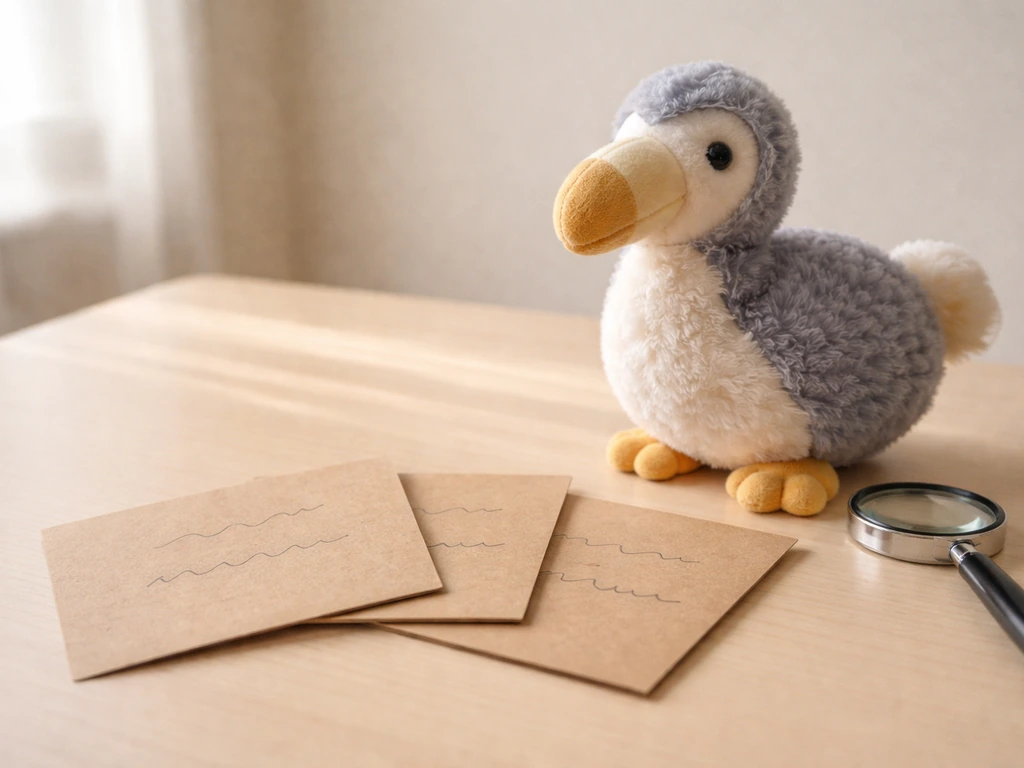 Toy dodo bird beside blank phrase cards and a small magnifying glass on a desk.