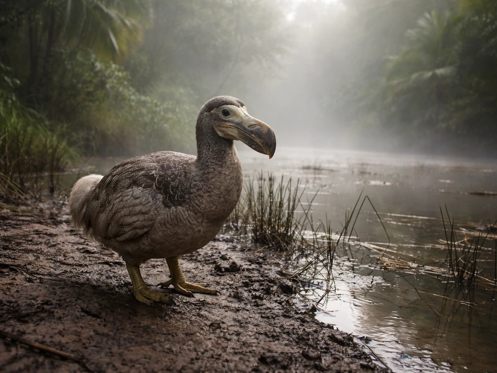 Dodo bird silhouette near a misty marsh in Mauritius jungle, evoking the dodo’s habitat.