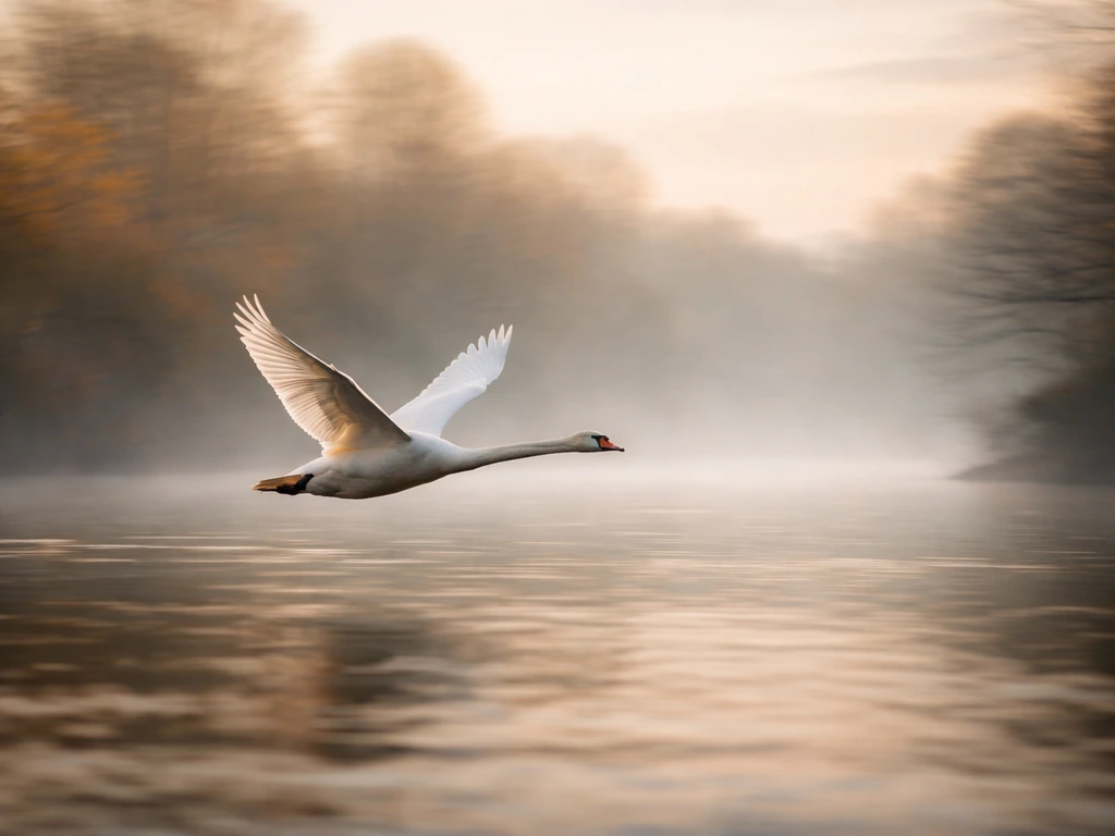 A single migratory bird flies over a dawn river with a softly blurred, seasonal passing atmosphere.