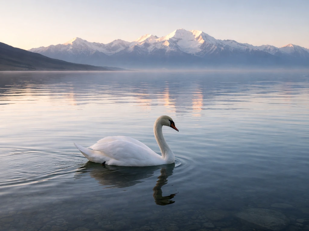 A hamsa-like migratory swan gliding on calm water with distant snow mountains at dawn.