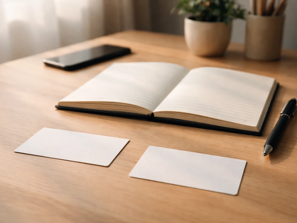 Minimal desk scene with open notebook, pen, and two blank cards suggesting bilingual sentence examples.