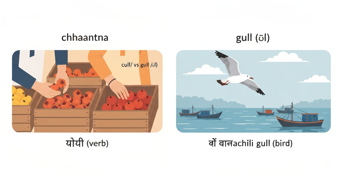 Split editorial illustration contrasting 'cull' (छाँटना) — fruit being sorted in a mandi — with 'gull' (गंगाचिली) — a seagull flying over water.