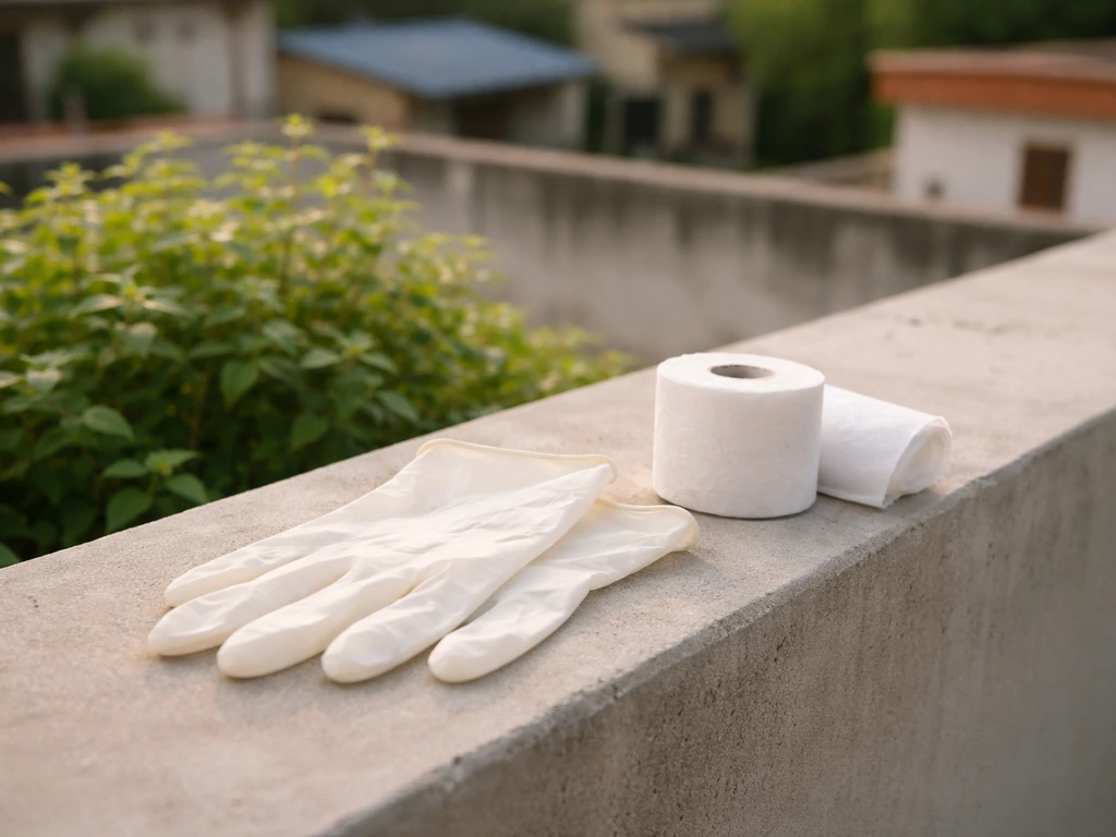 Clean rooftop ledge with tiny specks in background and gloves with tissue, suggesting safe bird droppings cleanup.