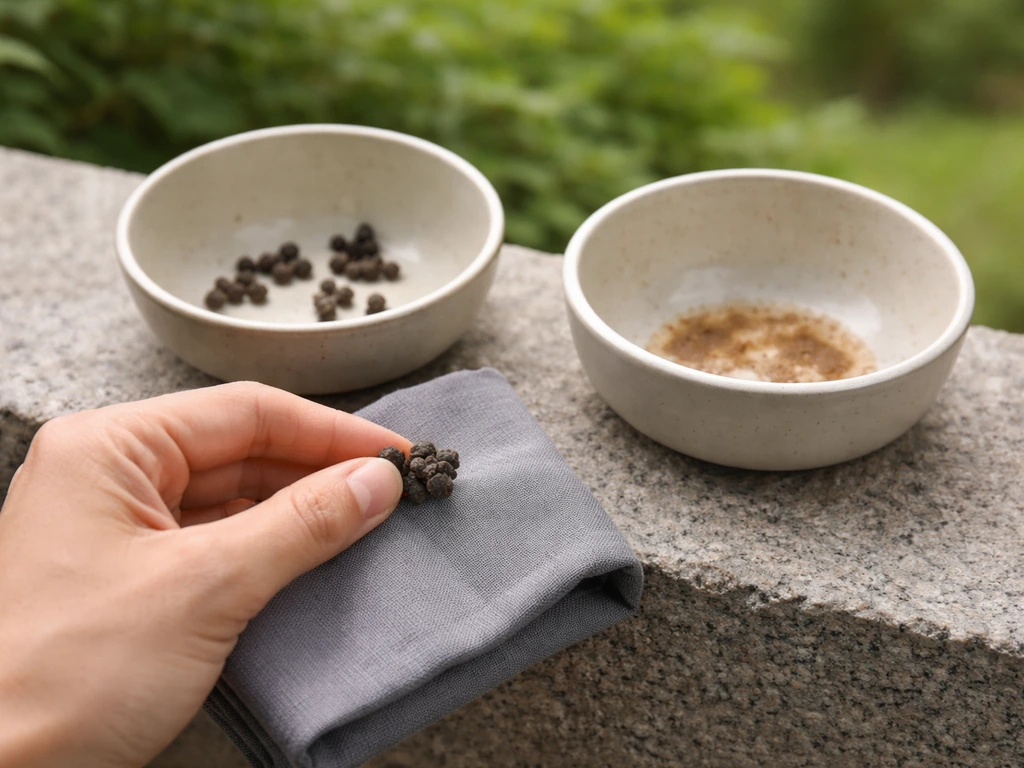 Minimal photo showing two small bowls of dark bird droppings labeled only by contextless objects, no text.