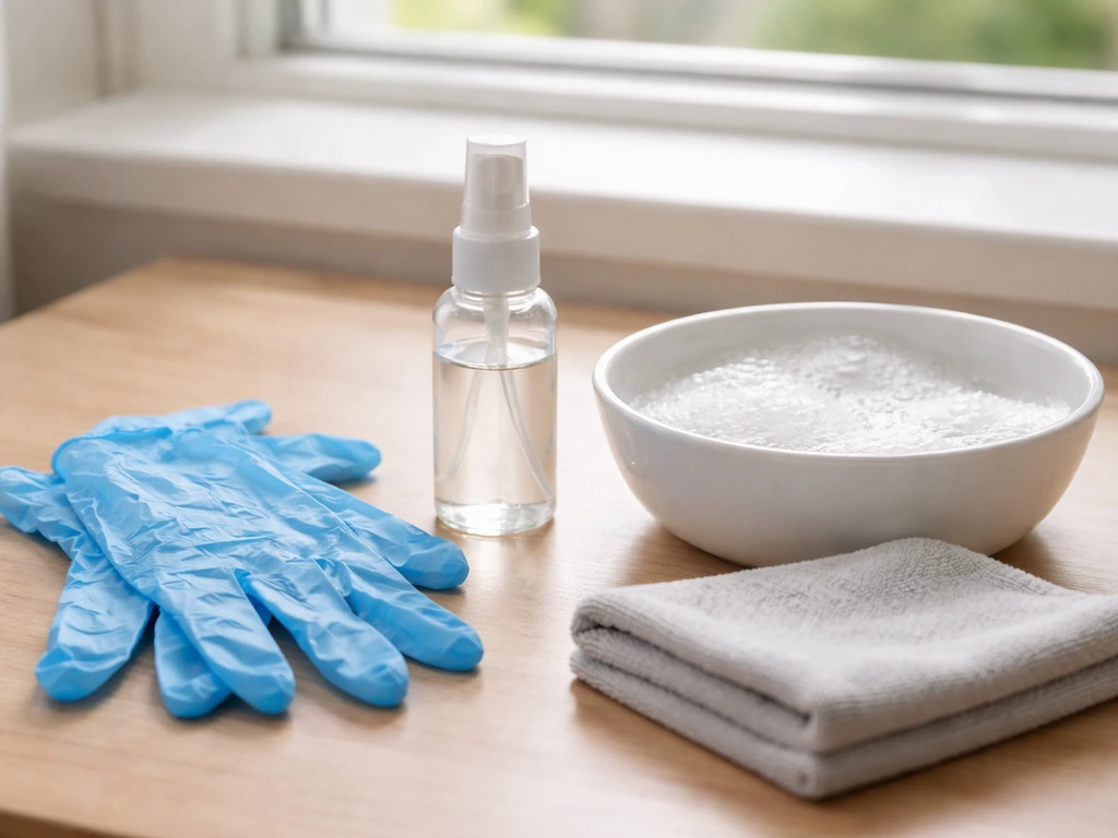 Gloves, soapy water, spray bottle, and microfiber cloth set up for safe routine cleaning.