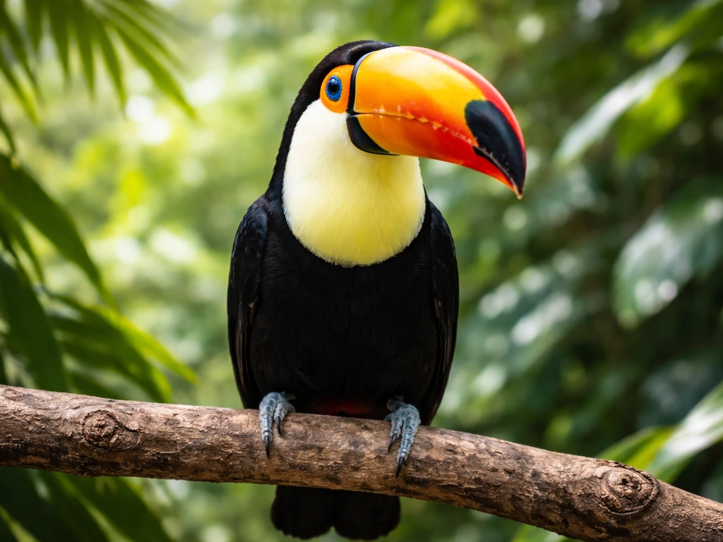 Bright toucan bird portrait with colorful beak against a lush tropical background