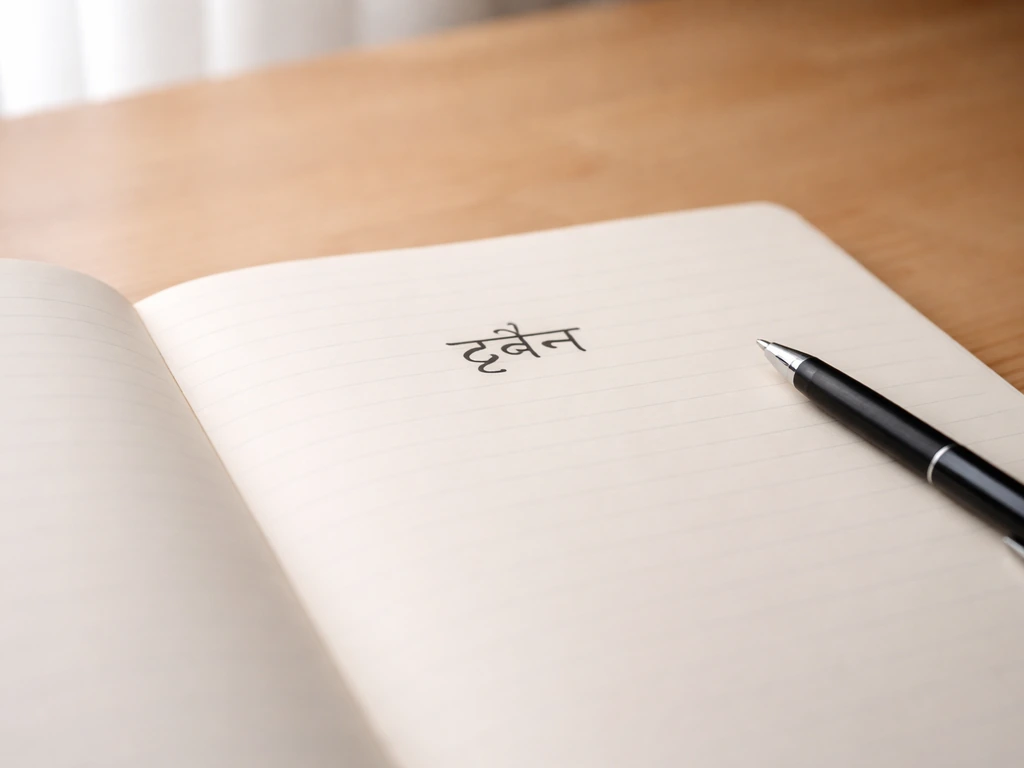 Close-up of a handwritten Devanagari word "टूकैन" on an open notebook, lit naturally.
