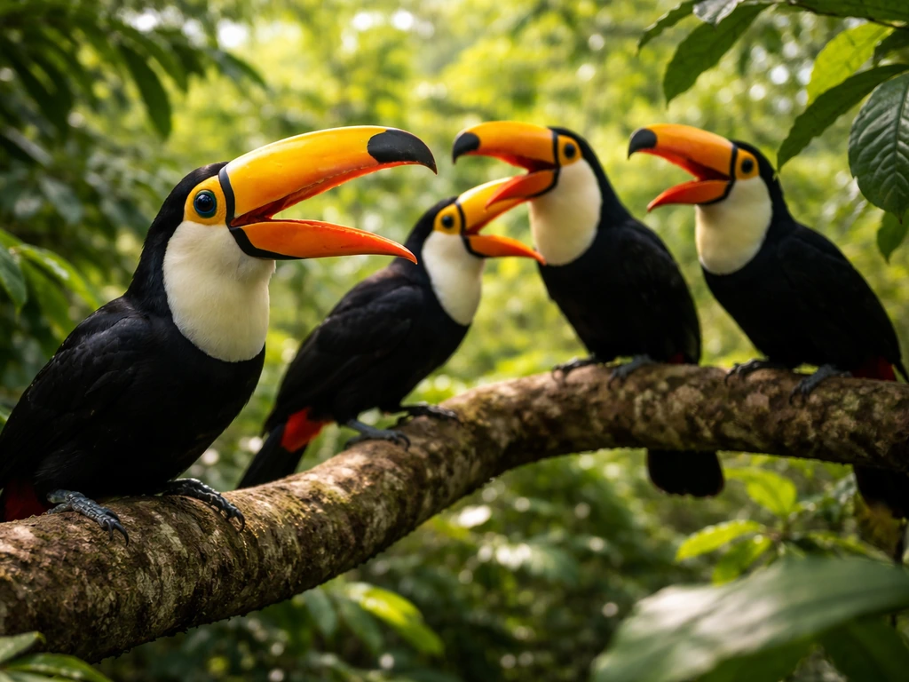 Several toucans perched together on a tropical branch, beaks open as if communicating in rainforest light.