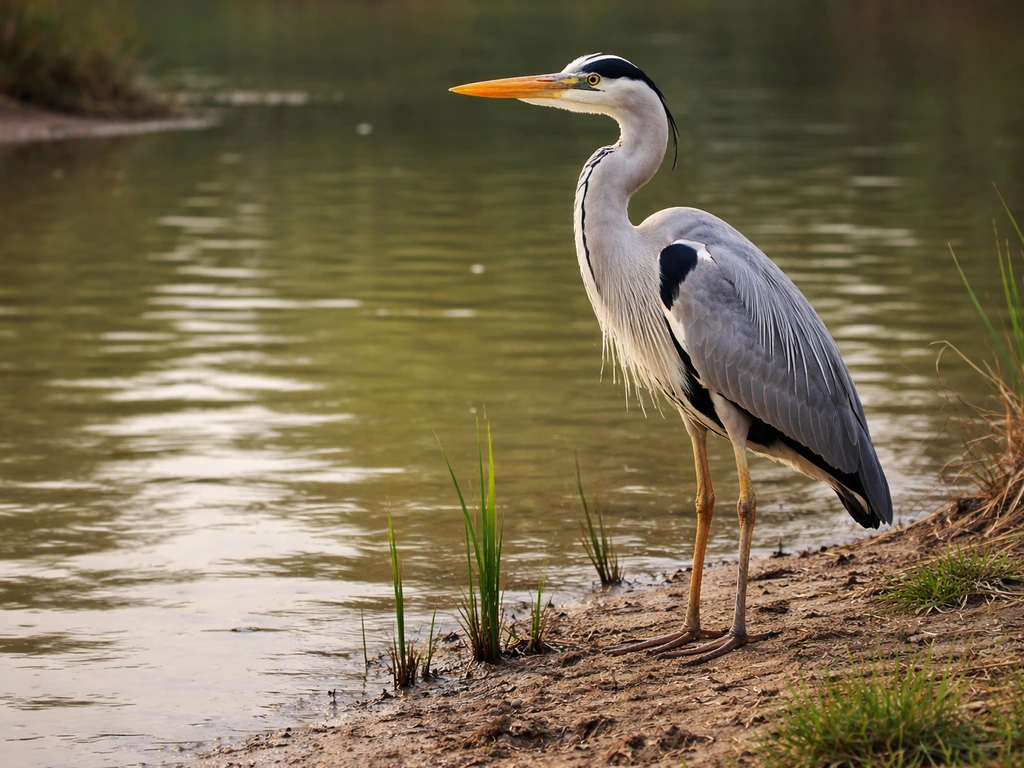 A heron standing calmly at the edge of an Indian pond with shallow water ripples.