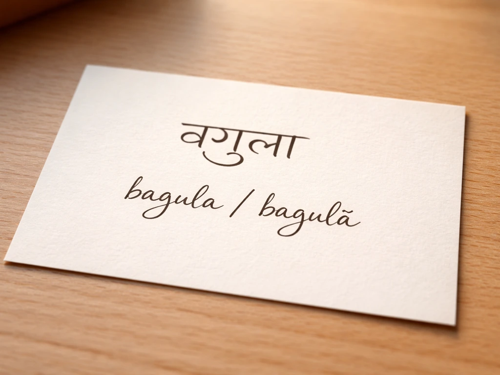 Close-up of a clean paper card showing the Hindi word बगुला and a Roman spelling variant, in natural light.