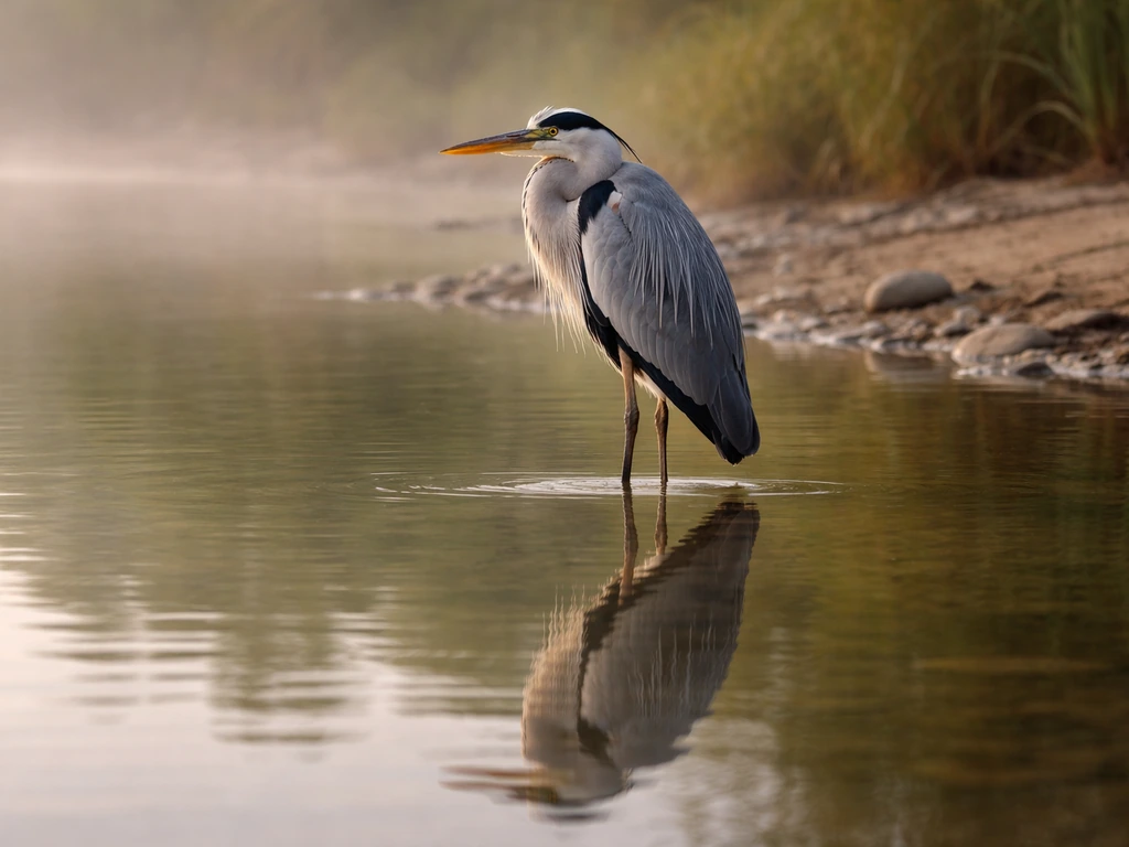 A heron stands motionless at the edge of calm water, conveying patience and stillness.