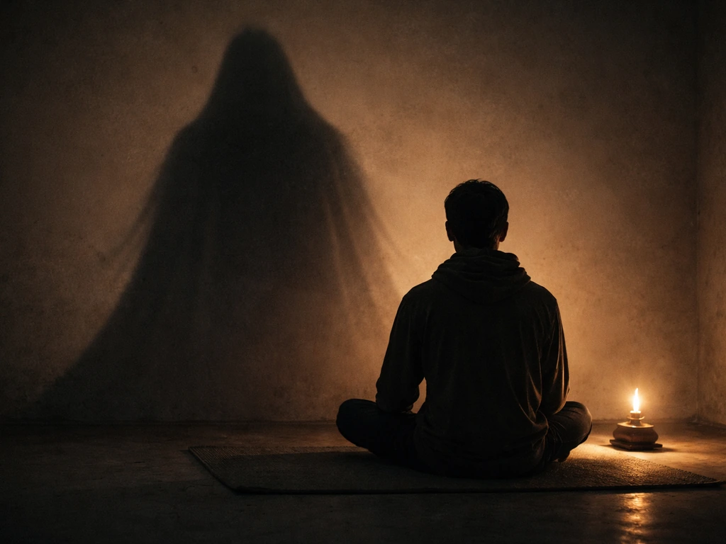 Anonymous figure meditating while an ominous, illusion-like shadow stretches on a plain wall.