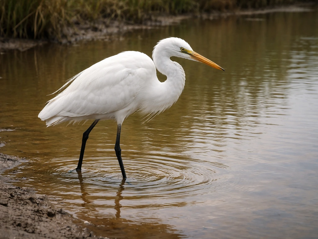 Shallow water wading bird standing still with ripples, long legs visible in natural light.