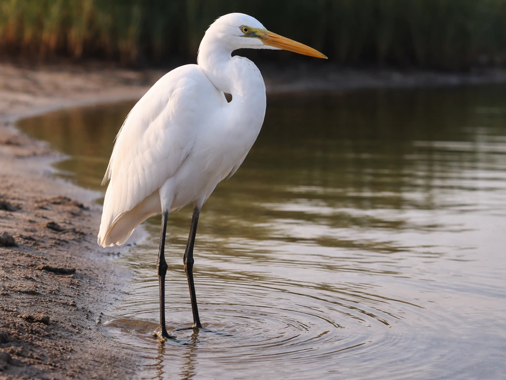 Close-up of a white egret with long legs standing in shallow water near reeds.