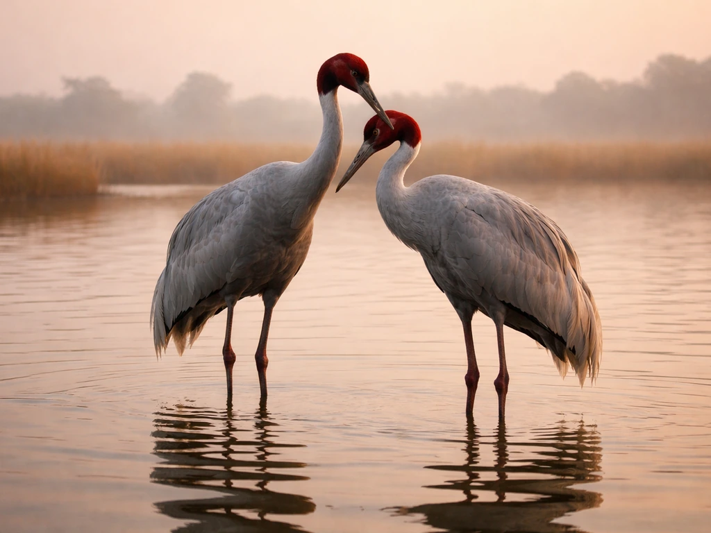 Two Indian Sarus cranes standing together in shallow water at dawn, calm wetland background.