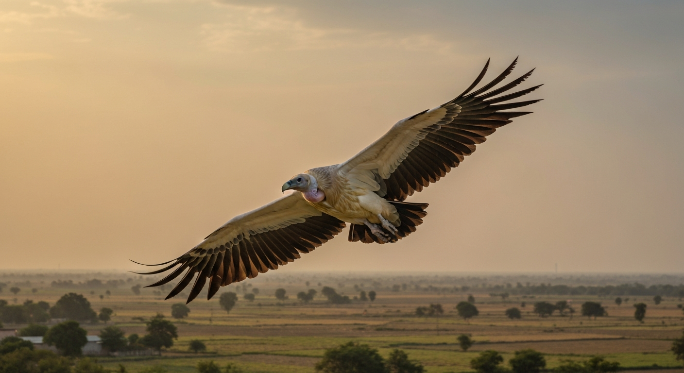 Photorealistic vulture soaring over an Indian rural landscape at golden hour, wings fully spread.