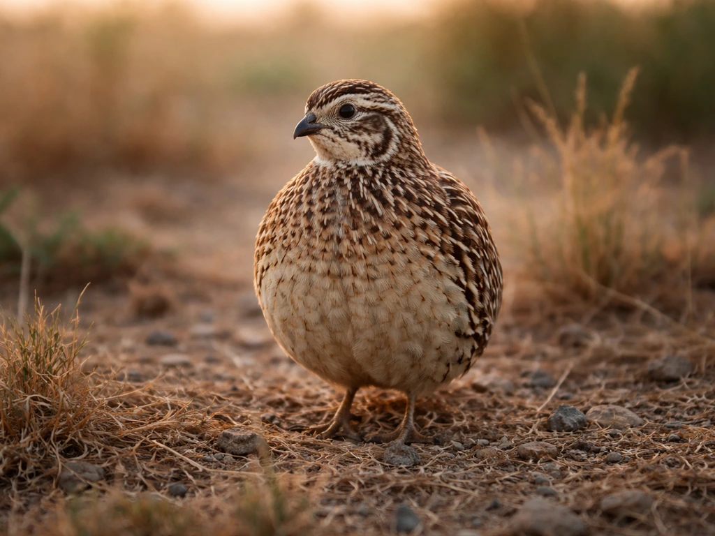 A single quail bird in a quiet dry-grass field at dawn, natural and realistic.