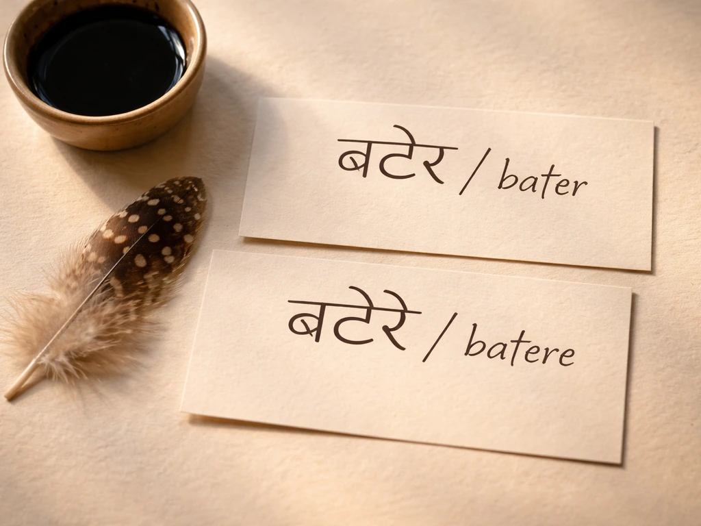 Close-up of a small bird feather and two neat word cards showing “बटेर / बटेरे” with transliteration